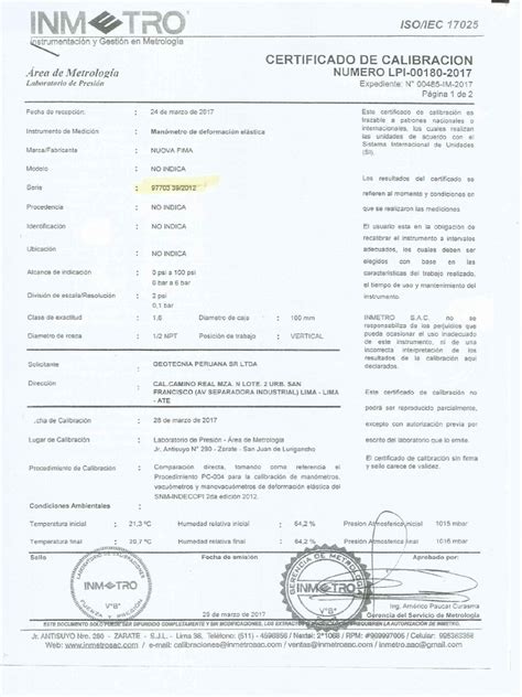 Certificado De Calibración Manometros Pdf Pdf