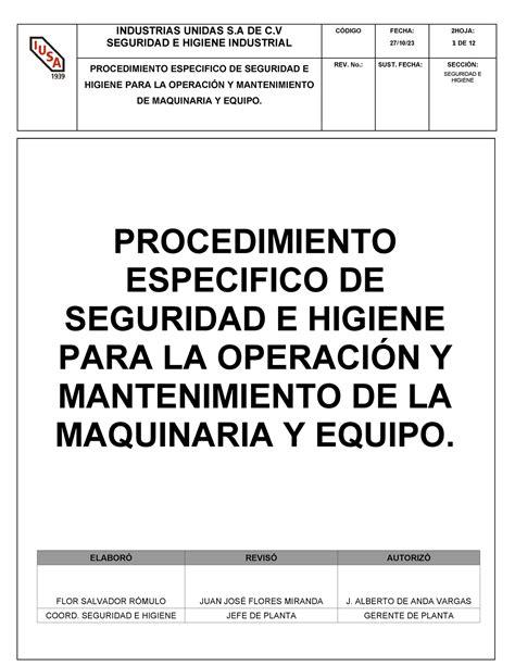 Procedimiento Especifico De Seguridad E Higiene Para La Operaci N Y