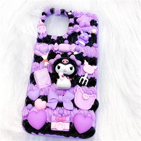 Handmade Kawaii Sanrio Kuromi Phone Case Black And Purple Fully Cream