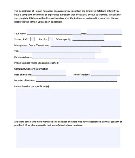 Free 7 Sample Employee Complaint Form Templates In Pdf Ms Word