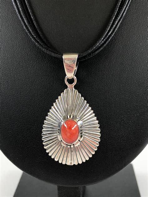 Lot Native American Sterling And Coral Pendant Necklace