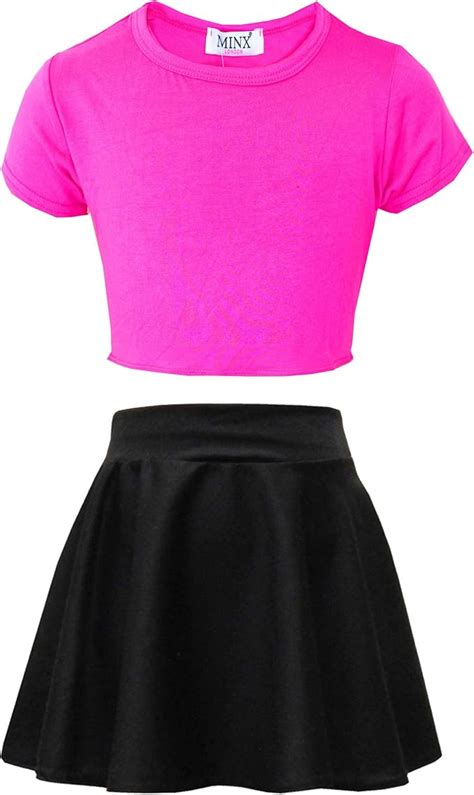 Girls Plain Crop Top T Shirt And Black Skater Skirt Kids Summer Fashion