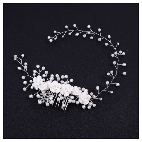 Bridal White Ceramic Flower Pearl Hair Comb Rhinestone