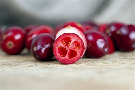 Cut Into Half Ripe Red Berries Of Garden Cranberries Stock Image