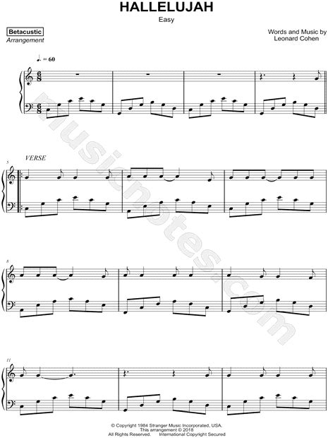 Betacustic Hallelujah Easy Sheet Music Piano Solo In C Major