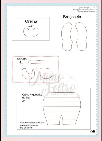 Apostila Digital Boneca Manu de Feltro Moldes Moldes e Gráficos