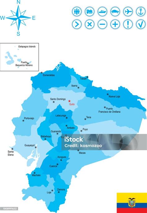 Landkarte Von Ecuador Mit Fahne Symbole Und Schlüssel Stock Vektor Art