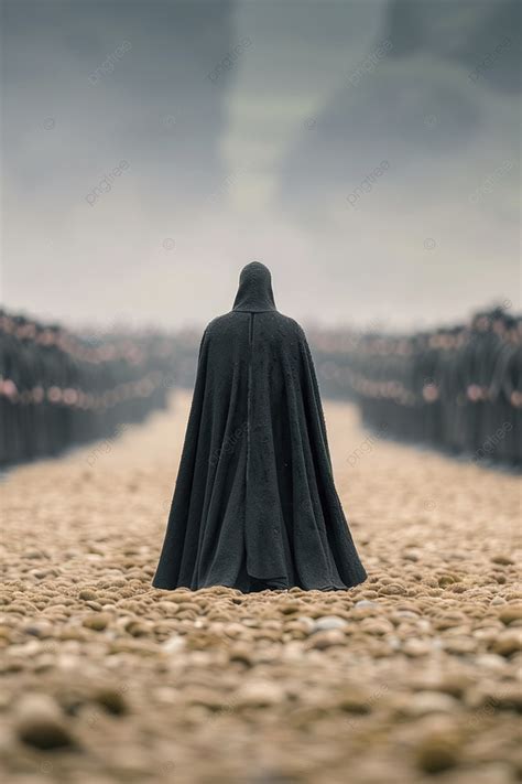 Man Wearing A Dark Cloak Stands On Field And Many People Stand In Line