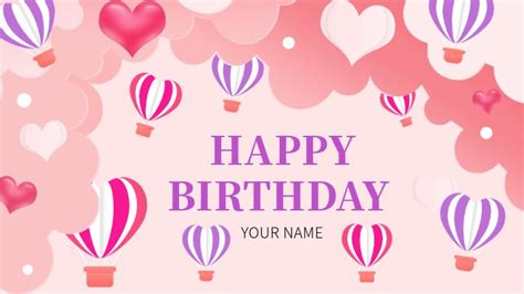 Pink Love Banner Birthday Greeting Card Featuring A Paper Cut Cloud Hot Air Balloon Template