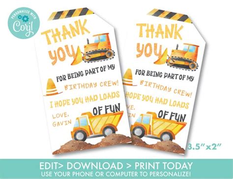 Editable Construction Thank You Tags Construction Birthday Party Gift