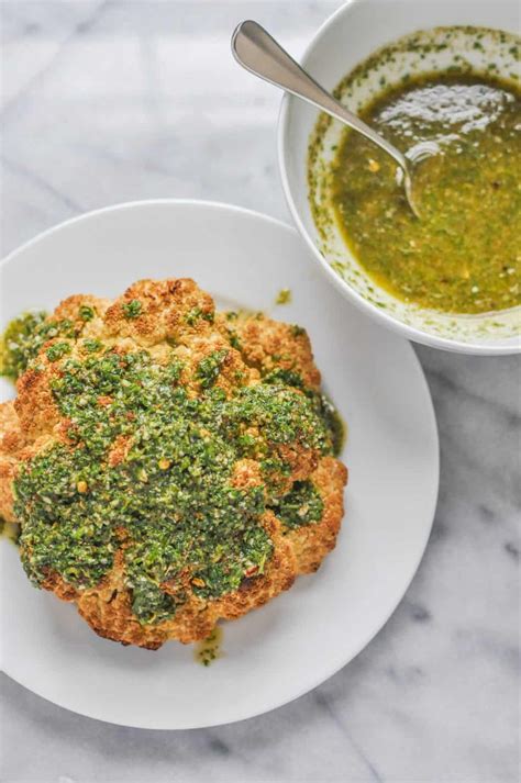 Whole Roasted Cauliflower With Chimichurri Sauce This Healthy Table