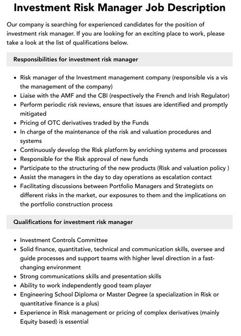 Investment Risk Manager Job Description Velvet Jobs