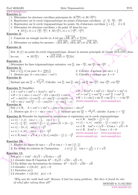 Série exercices Calcul Trigonométrique Tronc Commun Sciences Maths