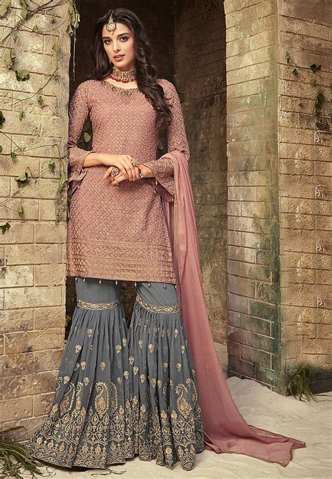 Buy Embroidered Georgette Pakistani Suit In Old Rose Online Kch