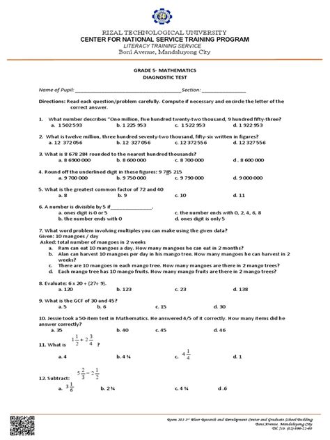 5 Mathematics Diagnostic Test Pdf