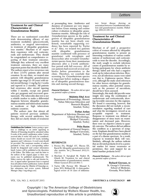 (PDF) Treatment for and Clinical Characteristics of Granulomatous Mastitis