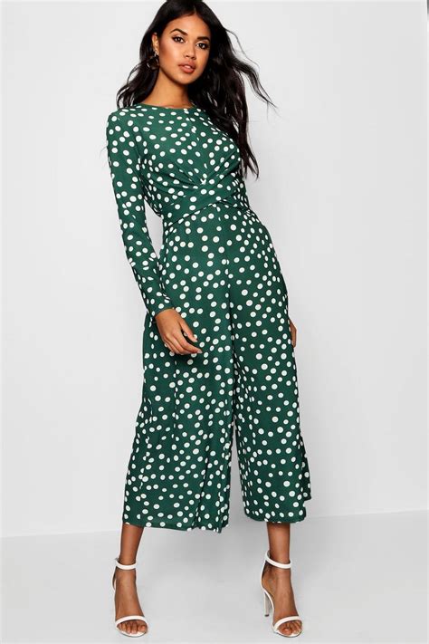 Twist Front Polka Dot Jumpsuit Boohoo Uk