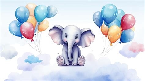 Premium Ai Image Watercolor Baby Elephant And Balloons