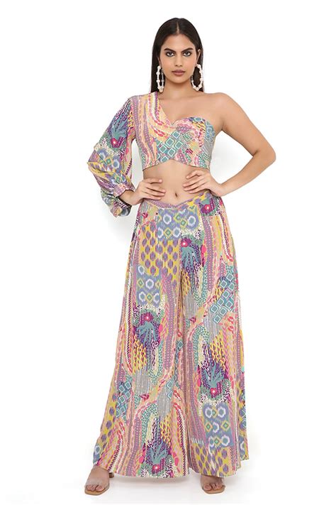 Buy Green Crepe Printed African Patterns One Shoulder Top And Palazzo Set For Women By Payal