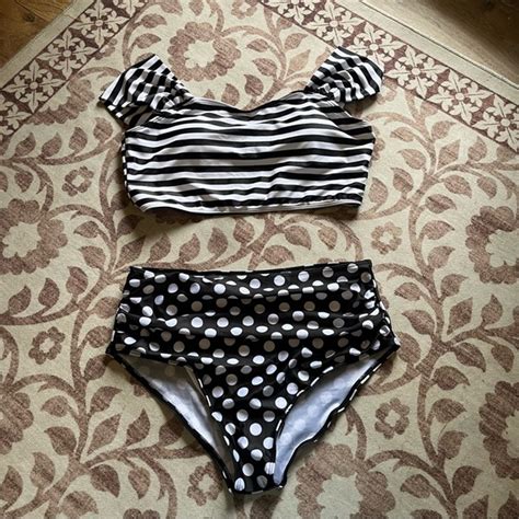 Swim Nwot Black And White Striped And Polka Dot Bikini Set Poshmark