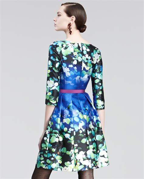 Oscar De La Renta Floral Print Silk Blend Mikado Dress In Blue Lyst