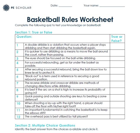 Basketball rules worksheet - PE Scholar