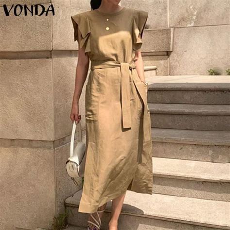 Robe Vonda Robe Longue Dété Sexy Sans Manches à Volants Maxi Avec