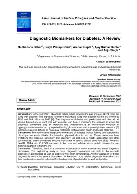 (PDF) Diagnostic Biomarkers for Diabetes: A Review