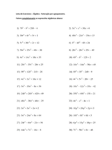 Fatoração Por Agrupamento Exercicios - Lista de Exercícios - Fatoração Por Agrupamento | PDF