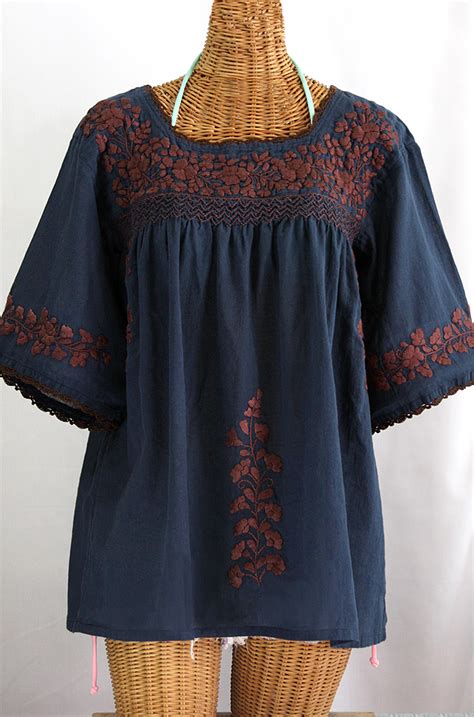 La Marina Embroidered Mexican Blouse Navy Brown Embroidery