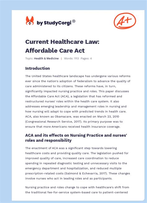 Current Healthcare Law Affordable Care Act Free Essay Example