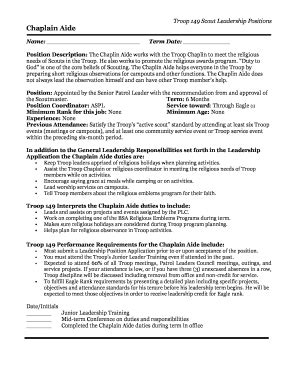 Fillable Online Troop 149 Scout Leadership Positions Chaplain Aide Fax