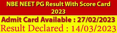 Nbe Neet Pg Result With Score Card Exam Result Latest Jobs