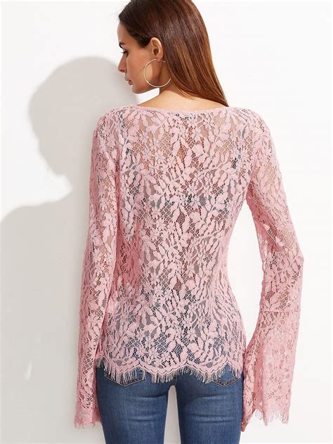 Pink Bell Sleeve Sheer Floral Lace Top Sheinsheinside