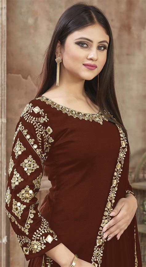 Party Wear Beige And Brown Color Faux Georgette Fabric Salwar Kameez