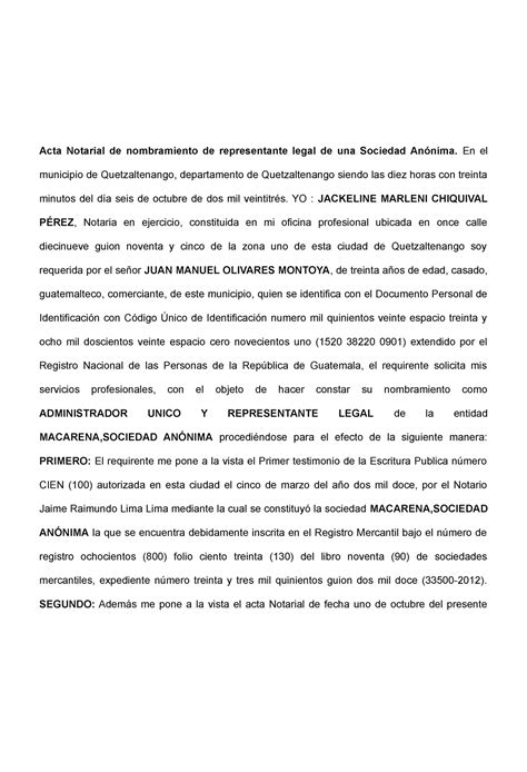 6 Acta Acta Notarial De Nombramiento De Representante Legal De Una