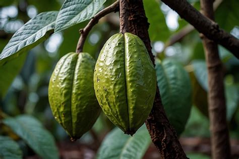 Premium Photo Green Cocoa Pods Grow On Trees The Cocoa Tree Cacao