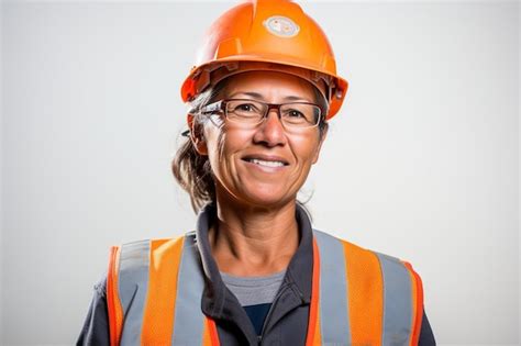 Premium Photo A Woman Wearing An Orange Hard Hat And Glasses