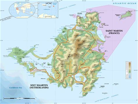 Large detailed topographical map of Saint Martin island. St. Maarten ...