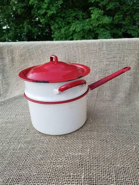 White And Red Enamelware Double Boiler Pot With Lid Etsy Enamelware