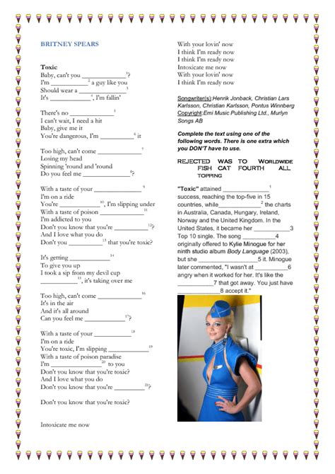 Song Worksheet Toxic By Britney Spears