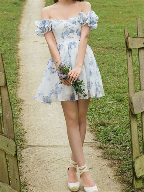 Emmiol Free Shipping Off Shoulder Ruffle Floral Mini Dress Blue S