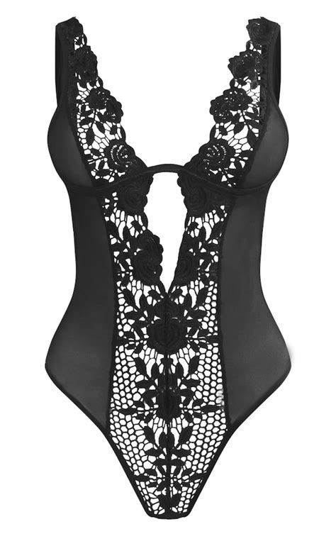 Black Mesh Deep Plunge Crochet Lace Bodysuit Lingerie And Nightwear