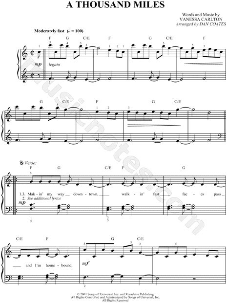 Vanessa Carlton A Thousand Miles Sheet Music Easy Piano In C Major