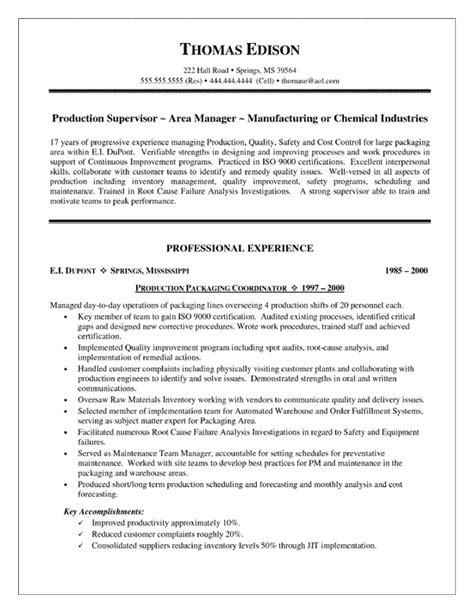 Production Supervisor Resume Example