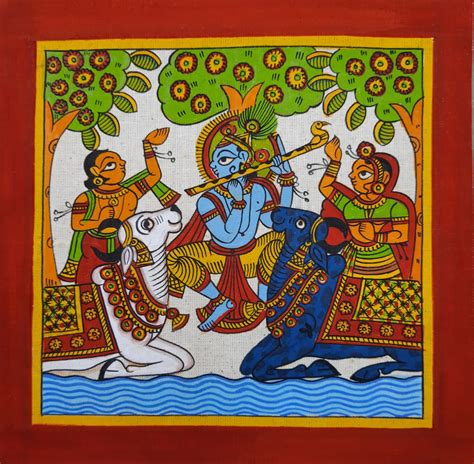 Krishna – Phad painting (8″ x 8″) – International Indian Folk Art Gallery