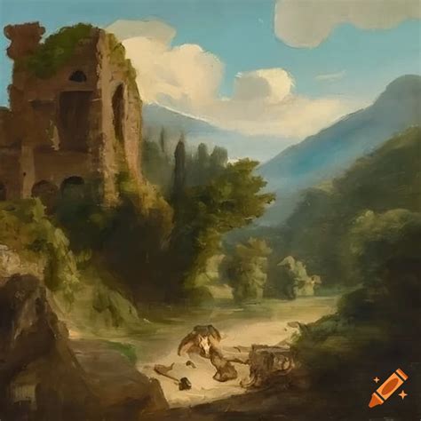 Oil Painting Of An Italian Landscape With Ruins In The Background On