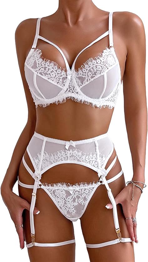 Lilosy Women Sexy Strappy Underwire Push Up Sheer Garter Belt Lace Mesh