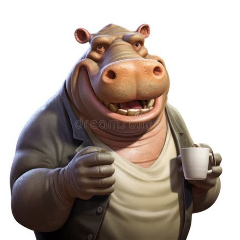 Hippo With Coffee Hyper Realistic Cartoon Character Conversation Stock