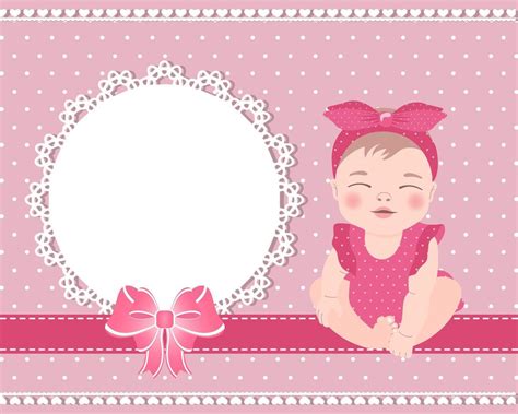 Children's birthday card with a cute baby girl and a lace template with a bow for text. Design ...